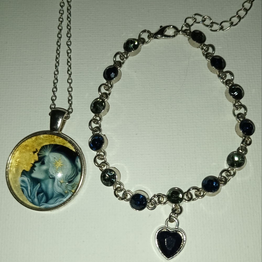 Silver and Blue Celestial Necklaces with Moon and Star Motifs